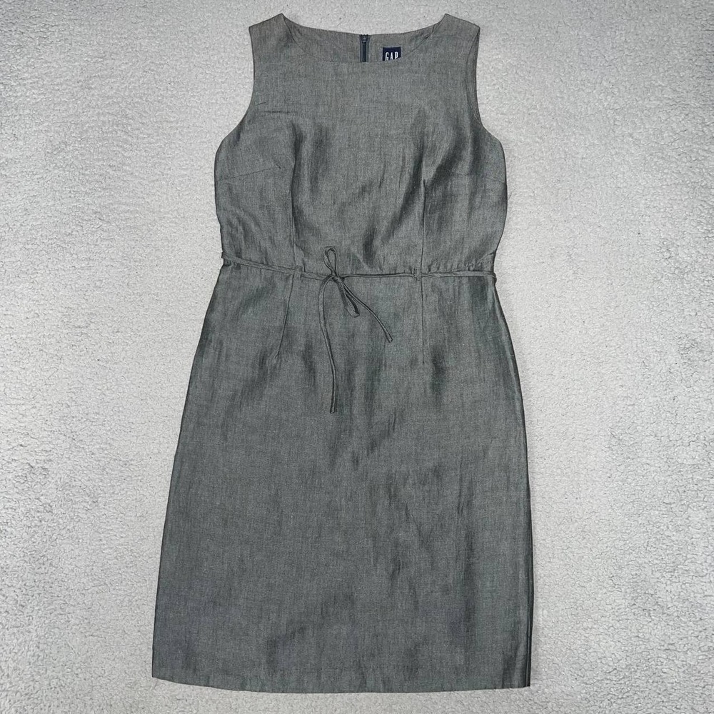 VTG Gap Sheath Dress Women Sz 6 Gray Charcoal Linen Blend Tie Waist Sleeveless